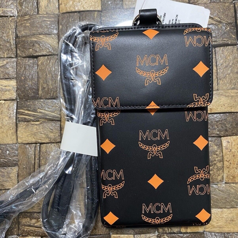 MCM Black Persimmon Orange Splash Logo Monogram Phone Crossbody Bag Lanyard